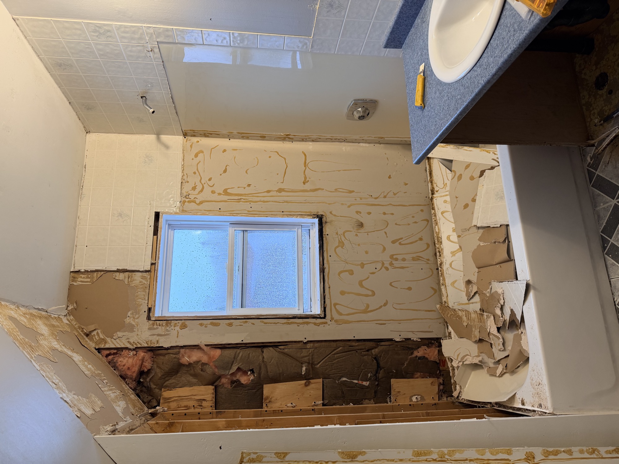 Bathroom renovation during tub and wall removal.